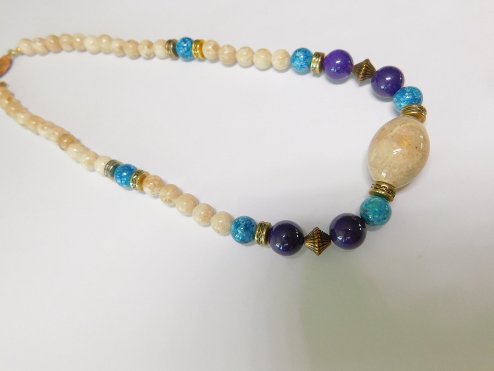 Blue Beige Purple Glass Natural Stone Gold Tone Beaded Necklace Vintage