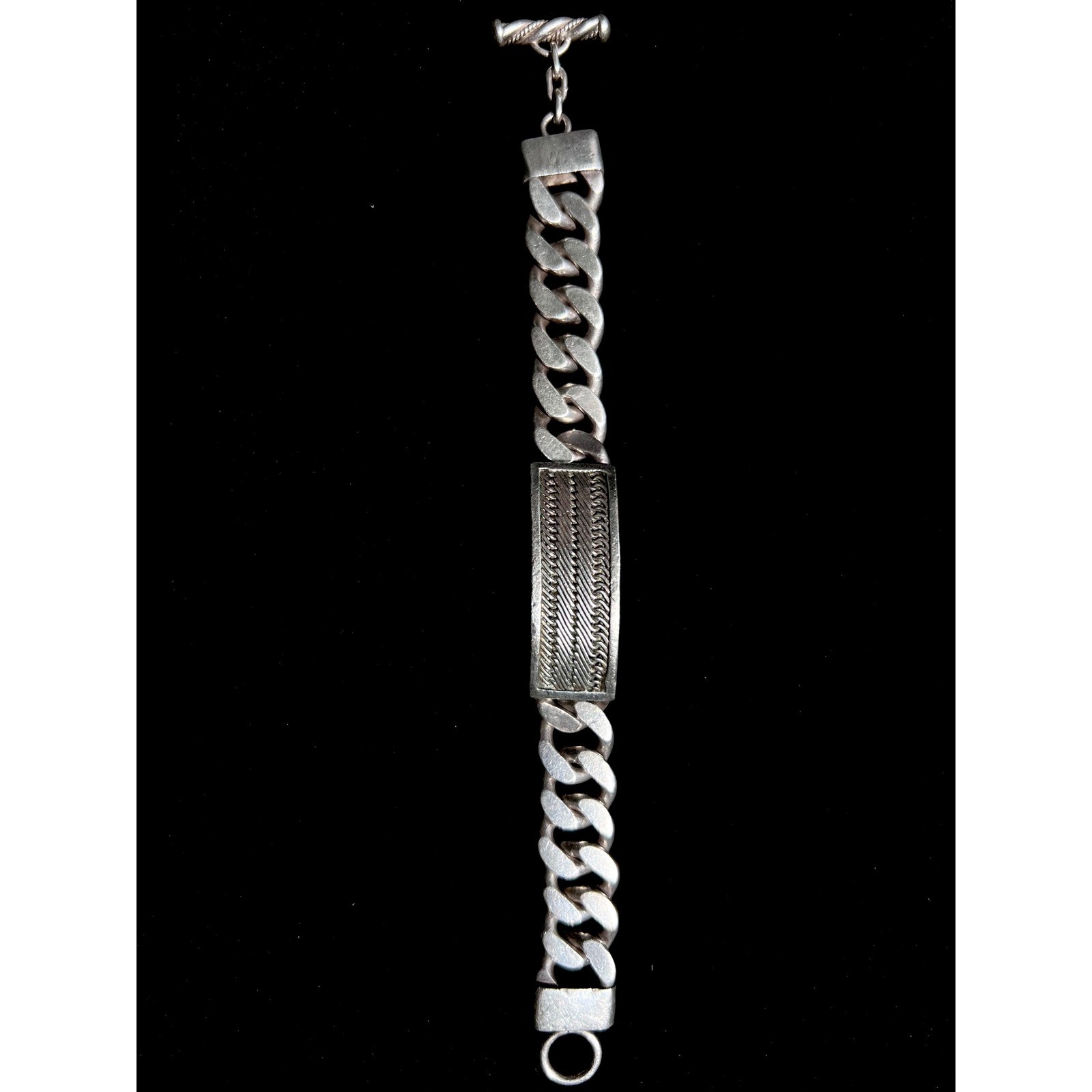 LOIS HILL 7.5″ SS 925 Indonesia Textile Weave ID Plate Men’s Cuban Link Bracelet
