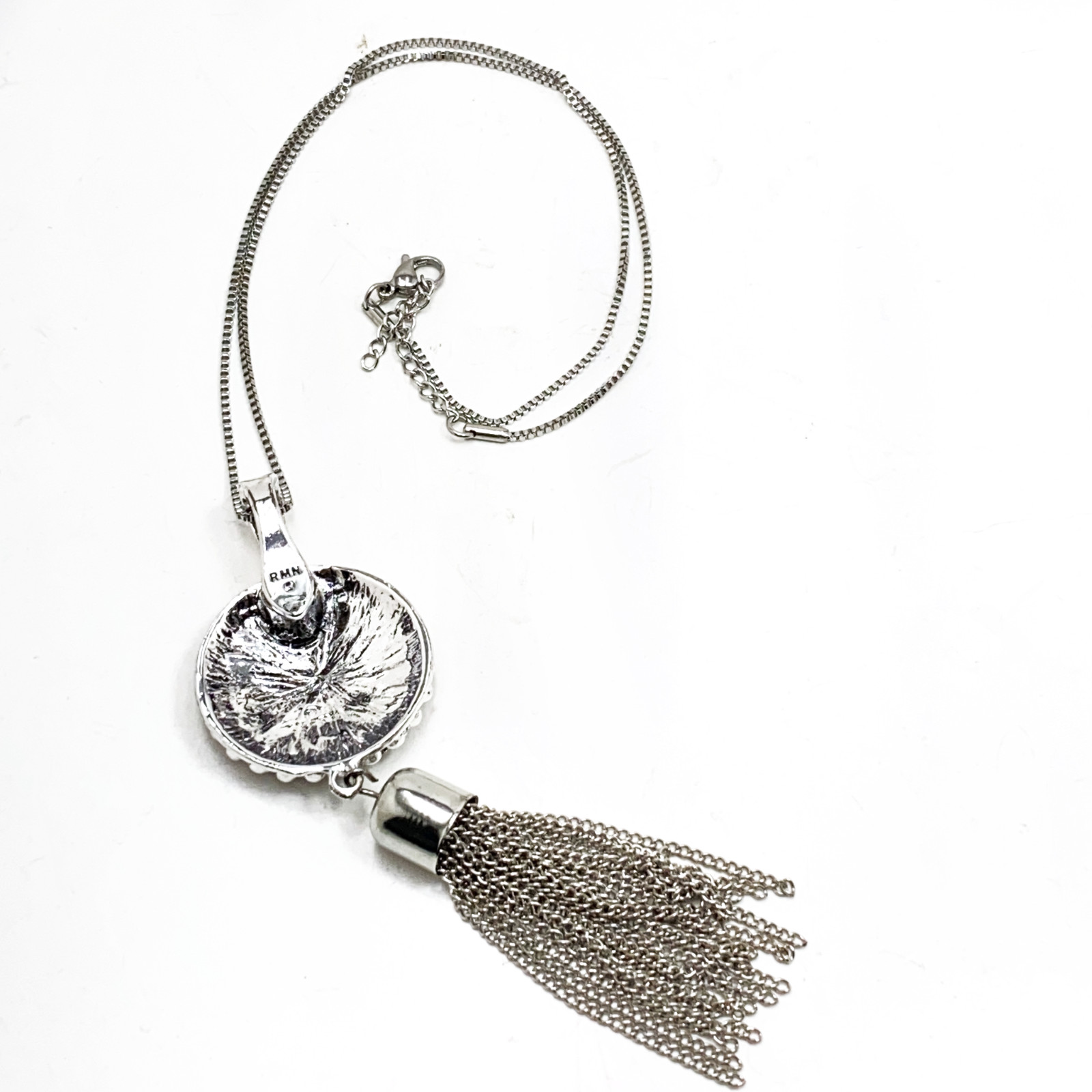 Etruscan Style Silver Slide Pendant Necklace Signed RMN ROMAN Magnetic Bale 4.5″