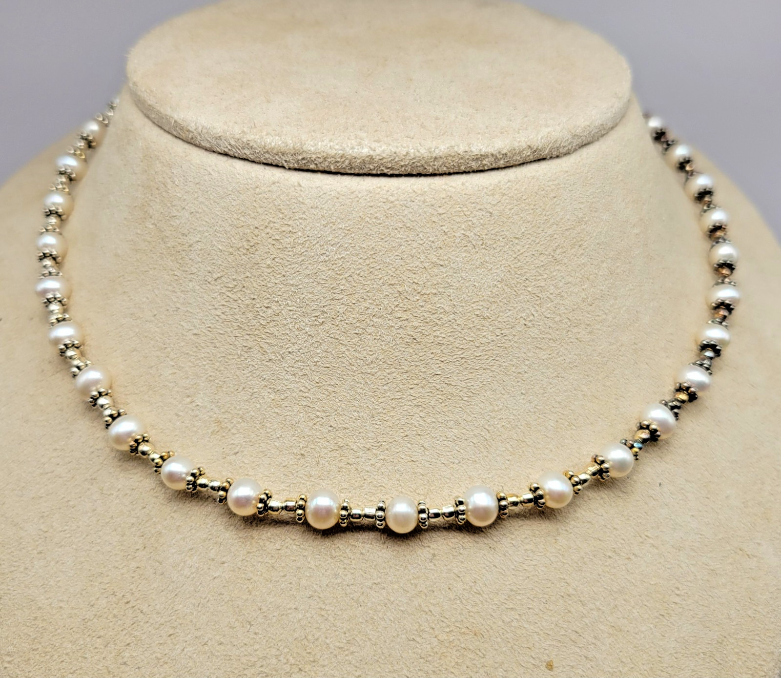 Sterling Silver 5mm Cultured Freshwater Pearl Bali Bead Station Necklace ~ 16″