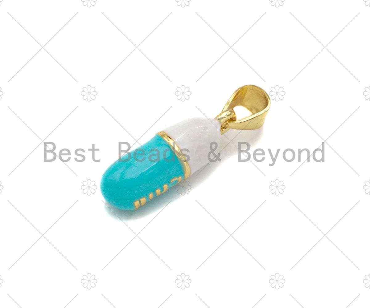 Colorful Enamel Pill Shape Pendant Charm, Gold/Silver Chill Word Pink Turquoise