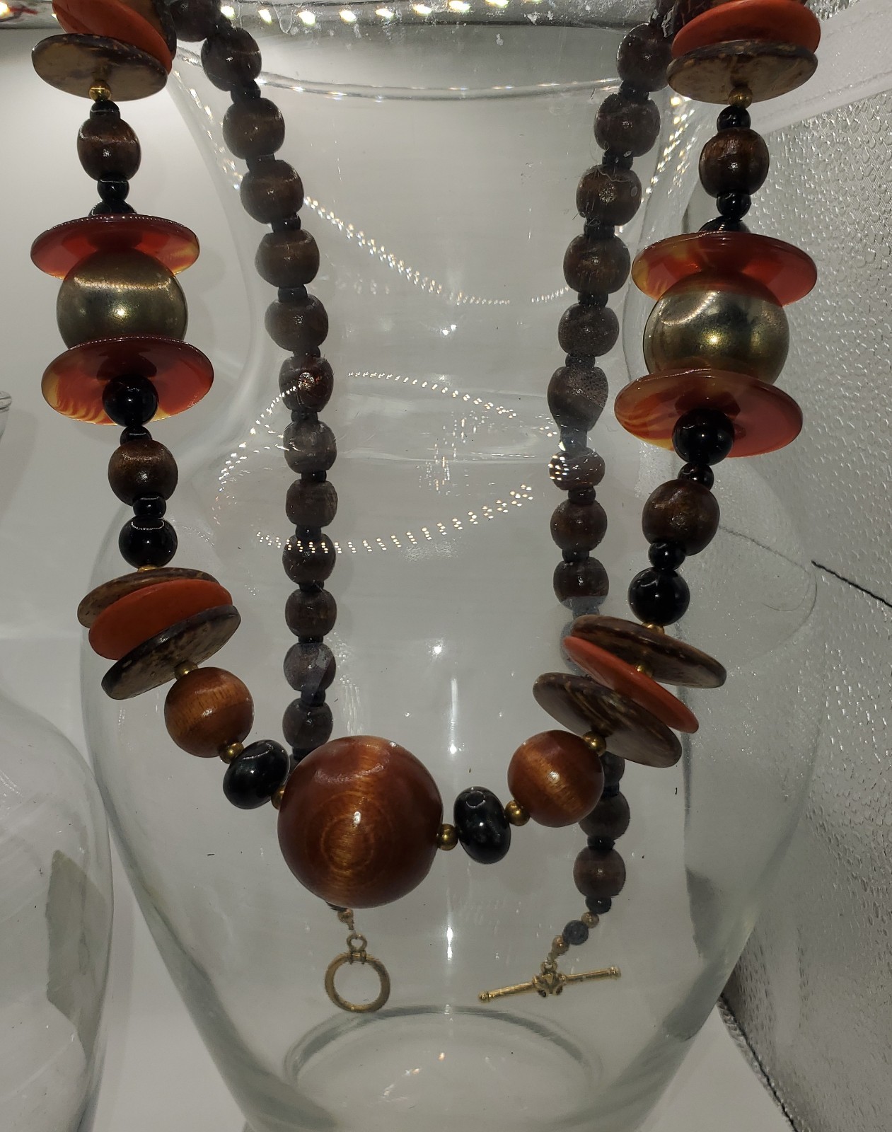 Vintag Boho Chunky Wood Bead Statement Necklace & Earrings Set Orange Brown Disc