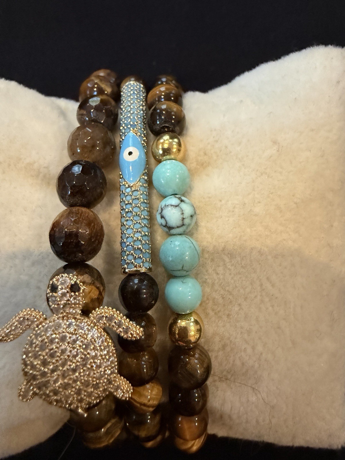 Tiger’s Eye Beaded Bracelet Set w/ Turtle Dangle Charm, Turquoise Beads