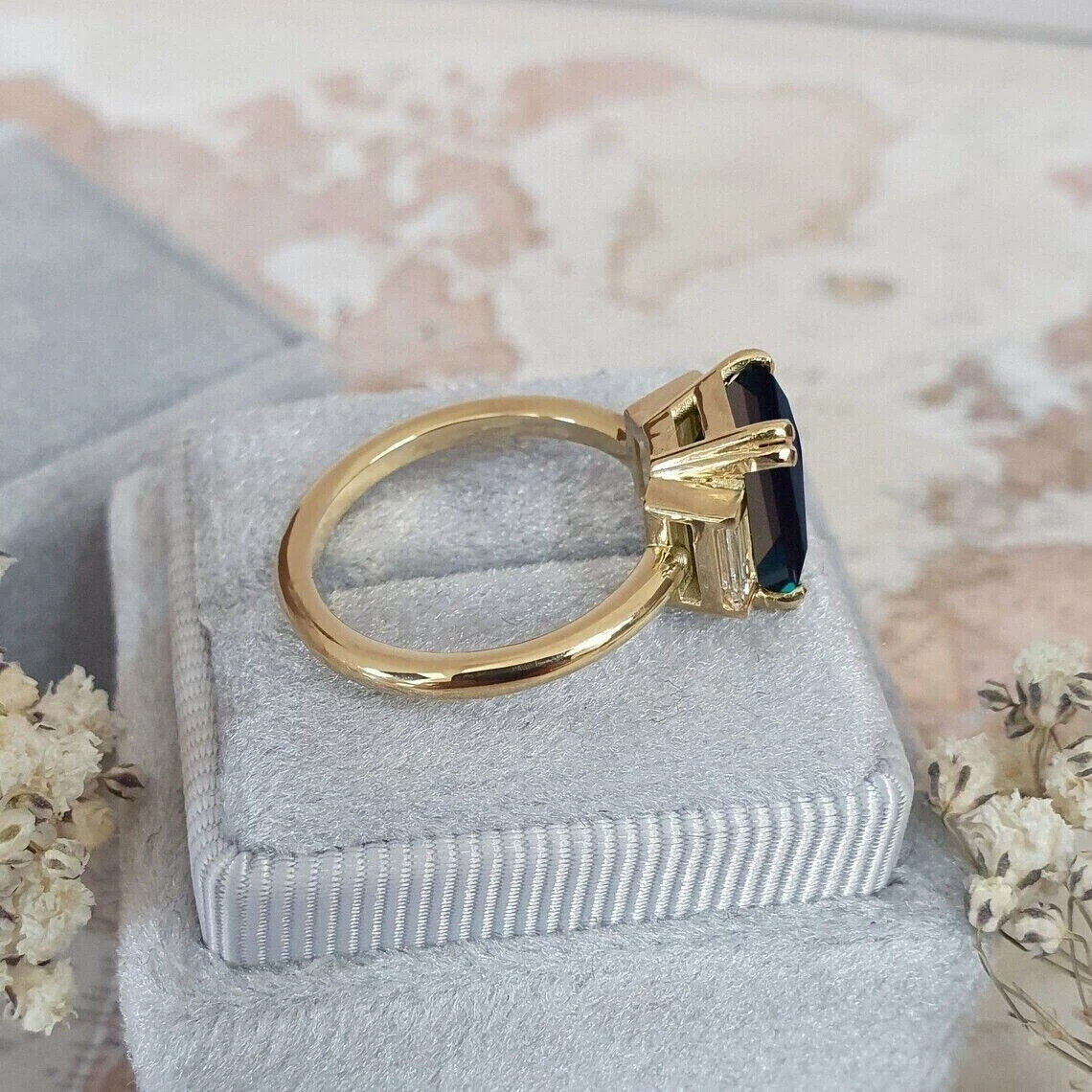 3.00 Ct Emerald Cut Natural Alexandrite Diamond & Wedding Ring 14K Yellow Gold