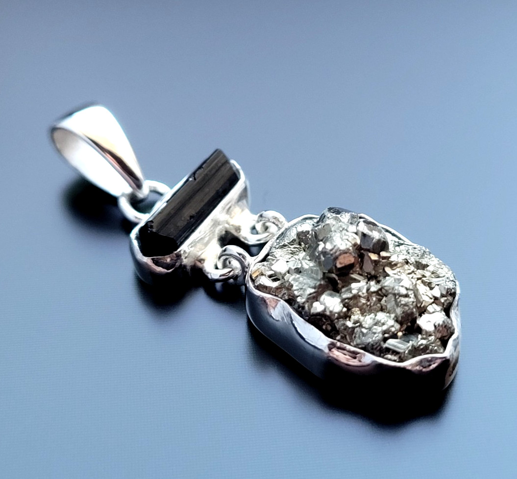 925 Silver Necklaces Pendant Black Tourmaline + Pyrite Druze Gemstone Jewellery