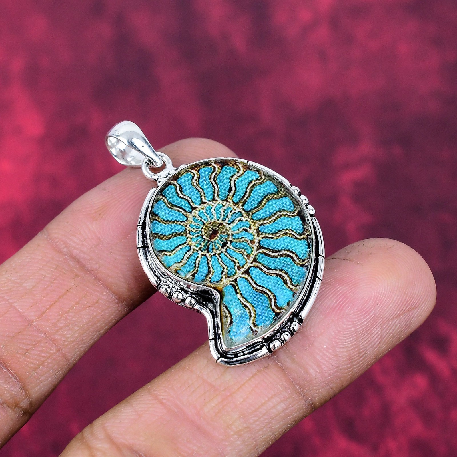 Ammonite Fossil Gemstone Handmade 925 Sterling Silver Bohemian Jewelry Pendant
