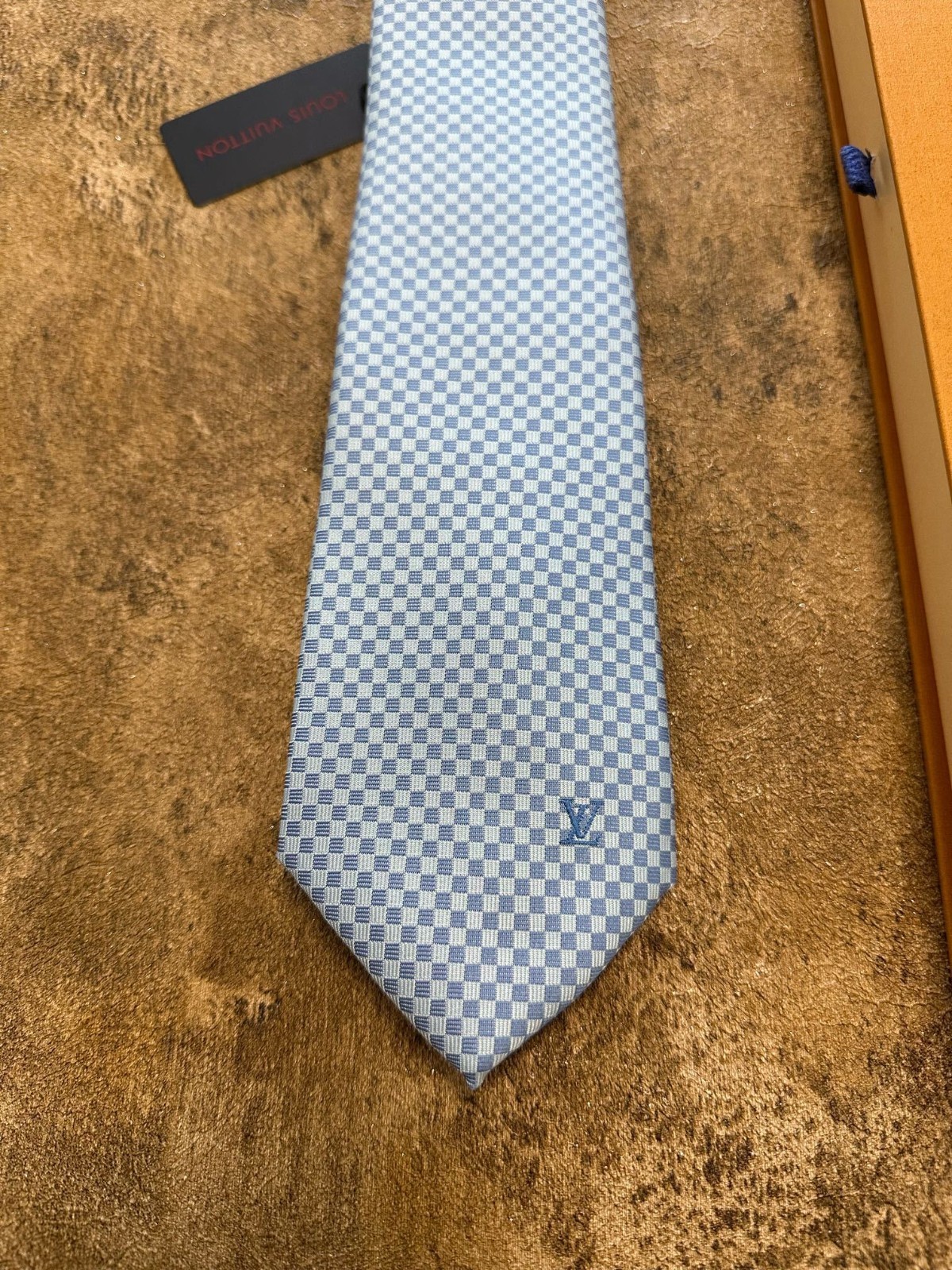 Authentic Louis Vuitton 100% Silk Micro Damier Tie Silver Blue NWT