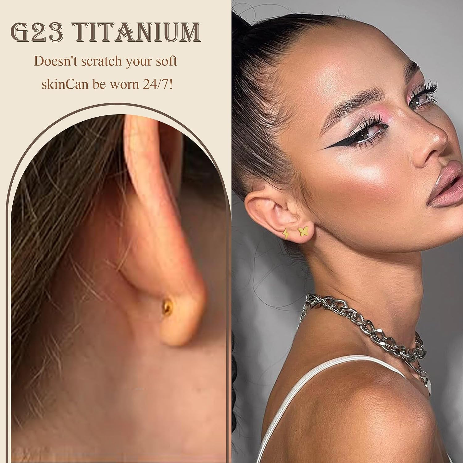 2 Pairs Flat Back Earrings Women, Titanium Star and Moon Earrings, Heart & CZ Fl