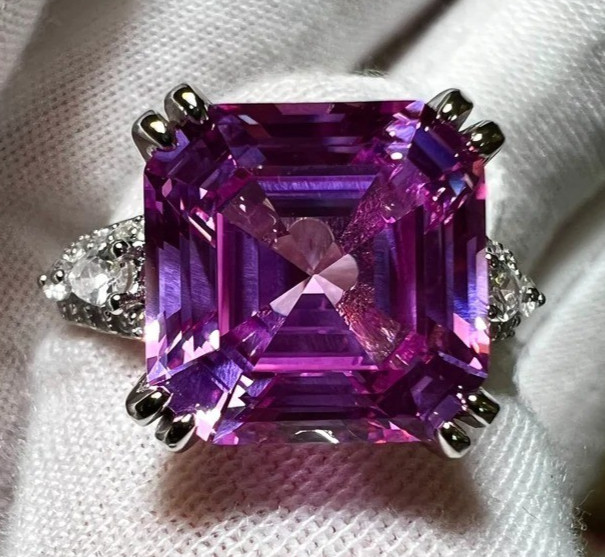 8.36 Ct Certified Asscher Cut Natural Purple Diamond Ring VVS1 White Gold Finish