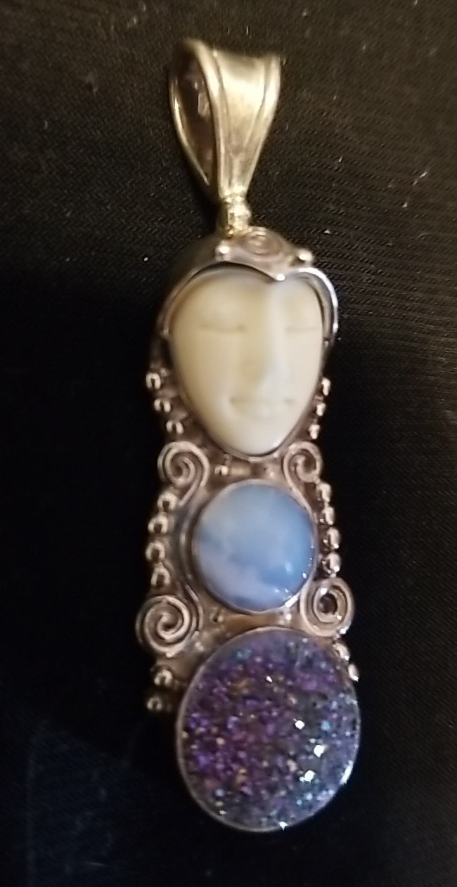 Sajen Silver Sleeping Goddess Pendant, Drusy, Gemstone, Bone, Sterling, 2 Inch