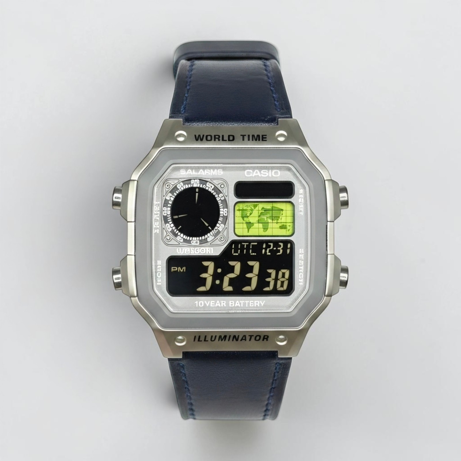 Silver CASIO AE-1200WHD. Royale Watch Mod. Negative Display. Green World Map