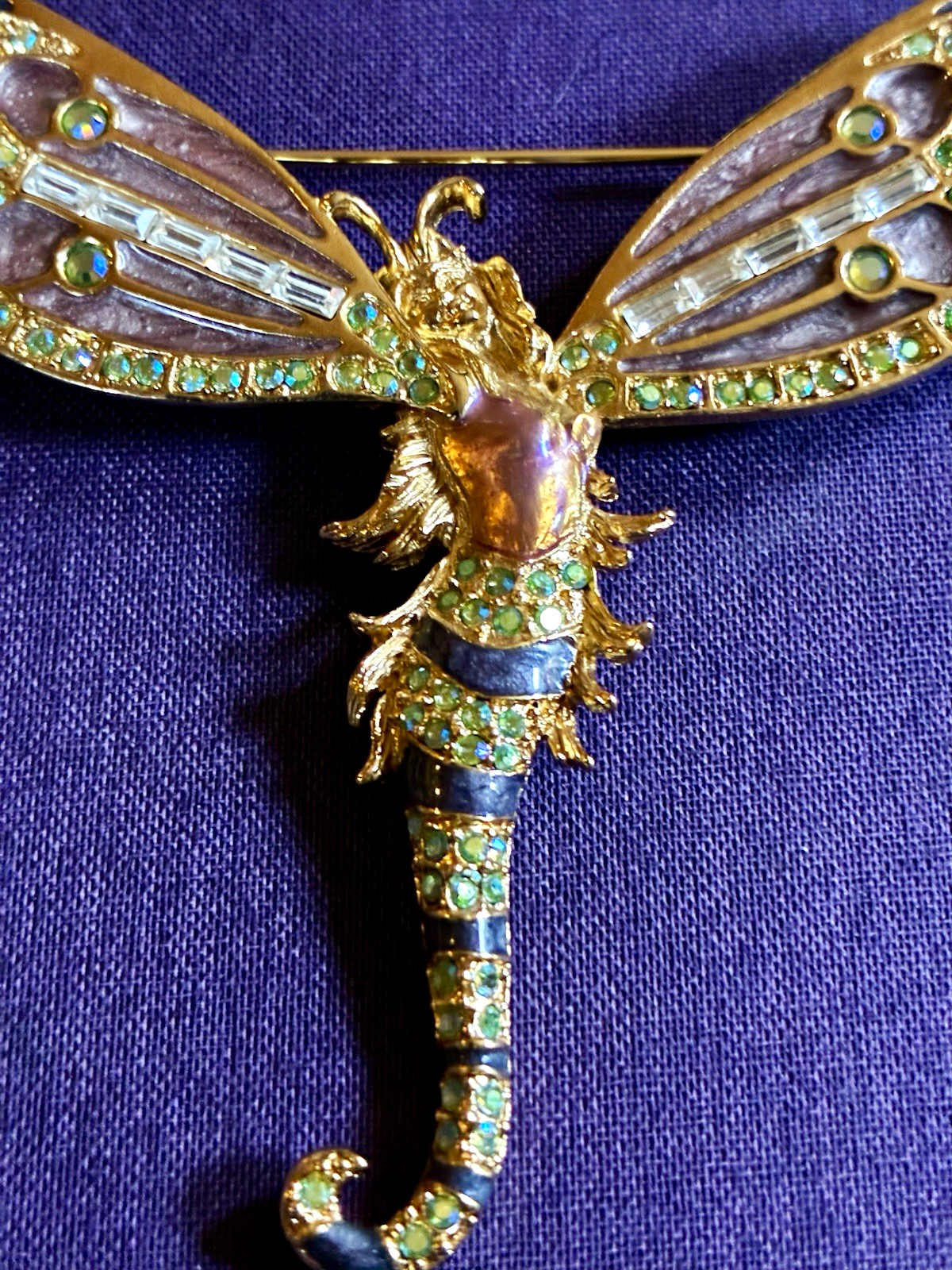 Kirks Folly Signed Dragonfly Brooch Pin Gold Tone Enamel Rhinestones 4in