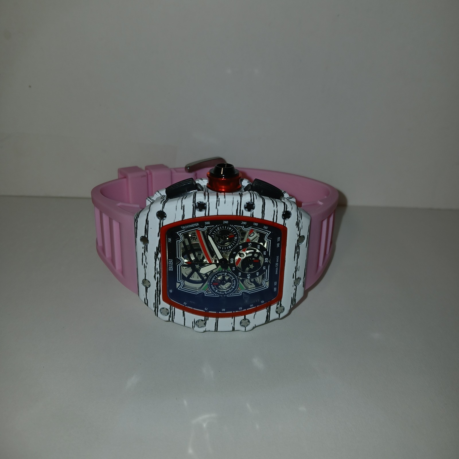 ​BiBi Sports Quartz Watch Chronograph Skeleton Face White Tonneau Pink Rubber
