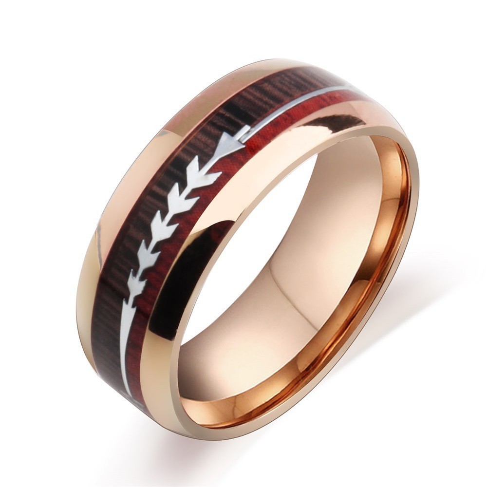 Mens Stainless Steel Ring With Wood Grain Inlay Arrow Design Durable Band For