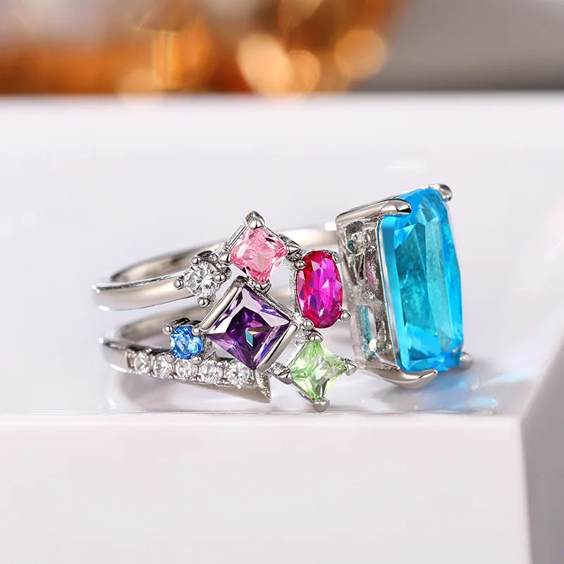 Colorful Geometric Band Ring Simulated Zirconia Silver Tone Adjustable Jewelry