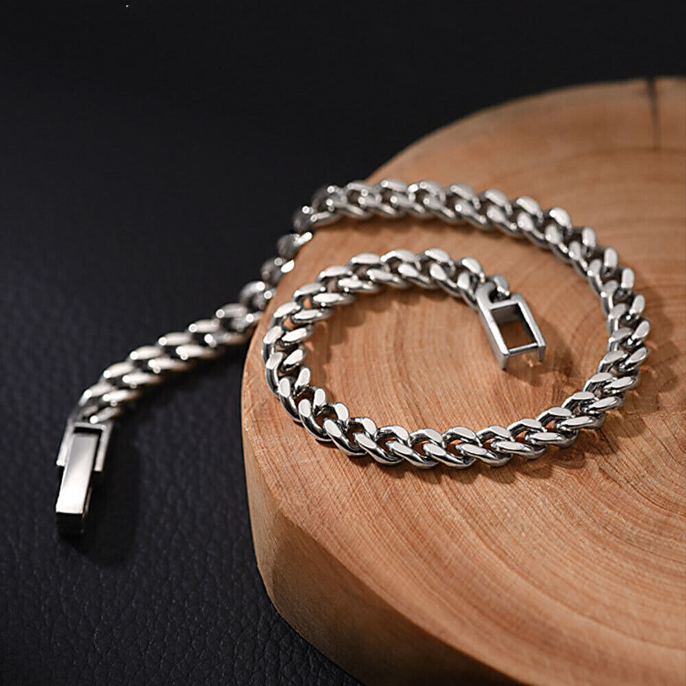 Pure S925 Sterling Silver Chain 5mm-8mm Cuban Curb Link Bracelet 6.7-8.7inch L