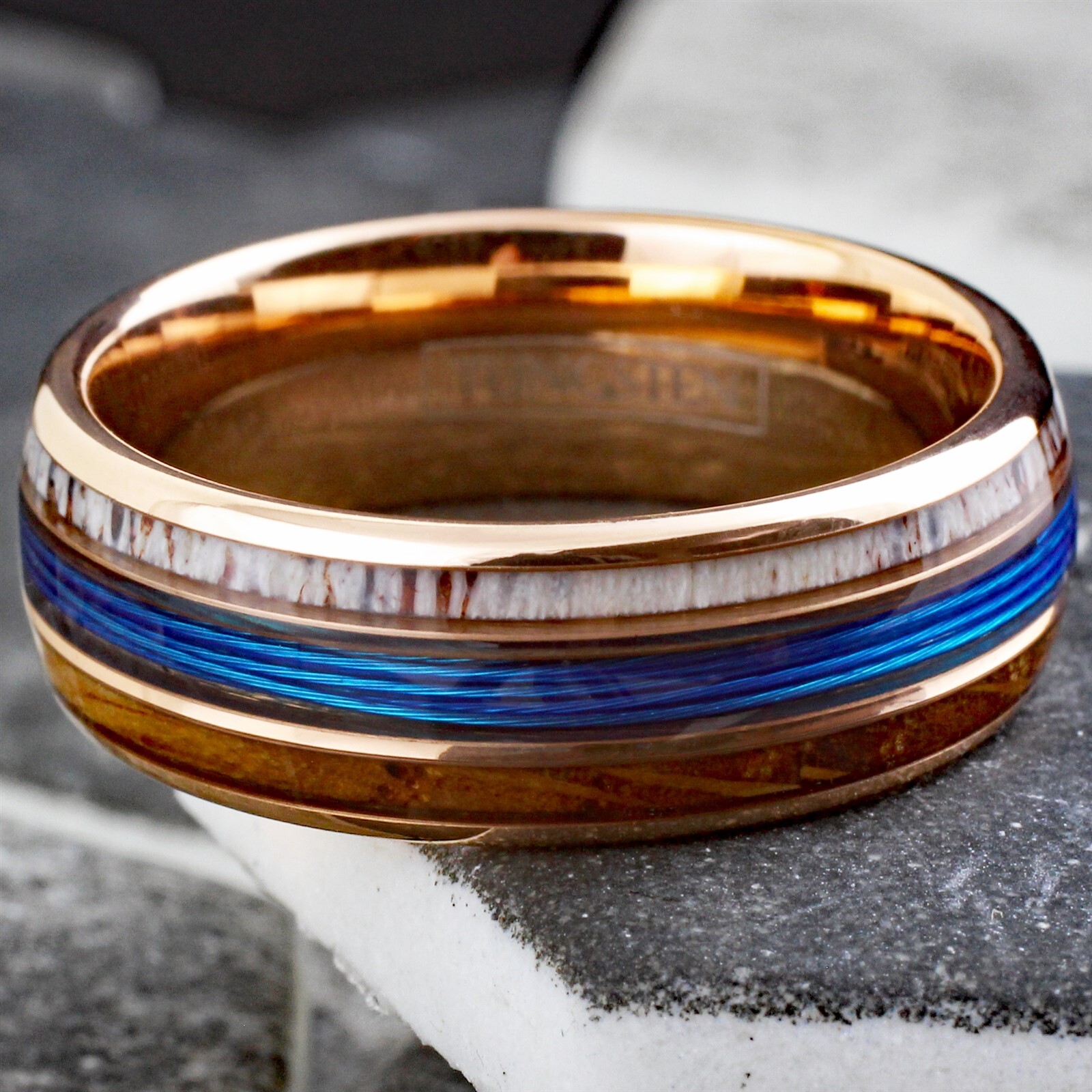 Personalized Tungsten Blue Fishing Line-Whiskey Barrel-Deer Antler Band Ring