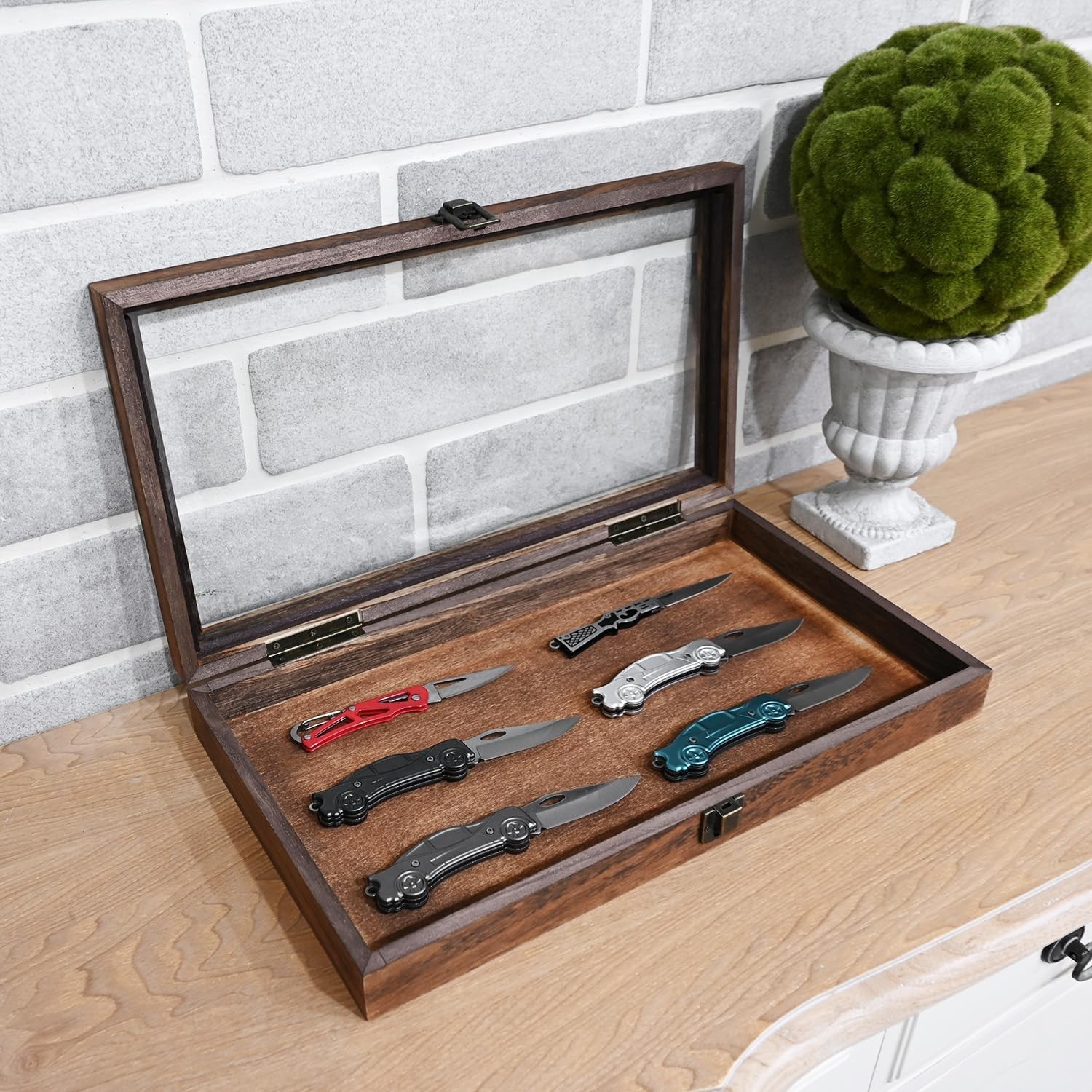 Elegant Wooden Jewelry Display Case with Tempered Glass Top, Brown – 15″ x 8.5″