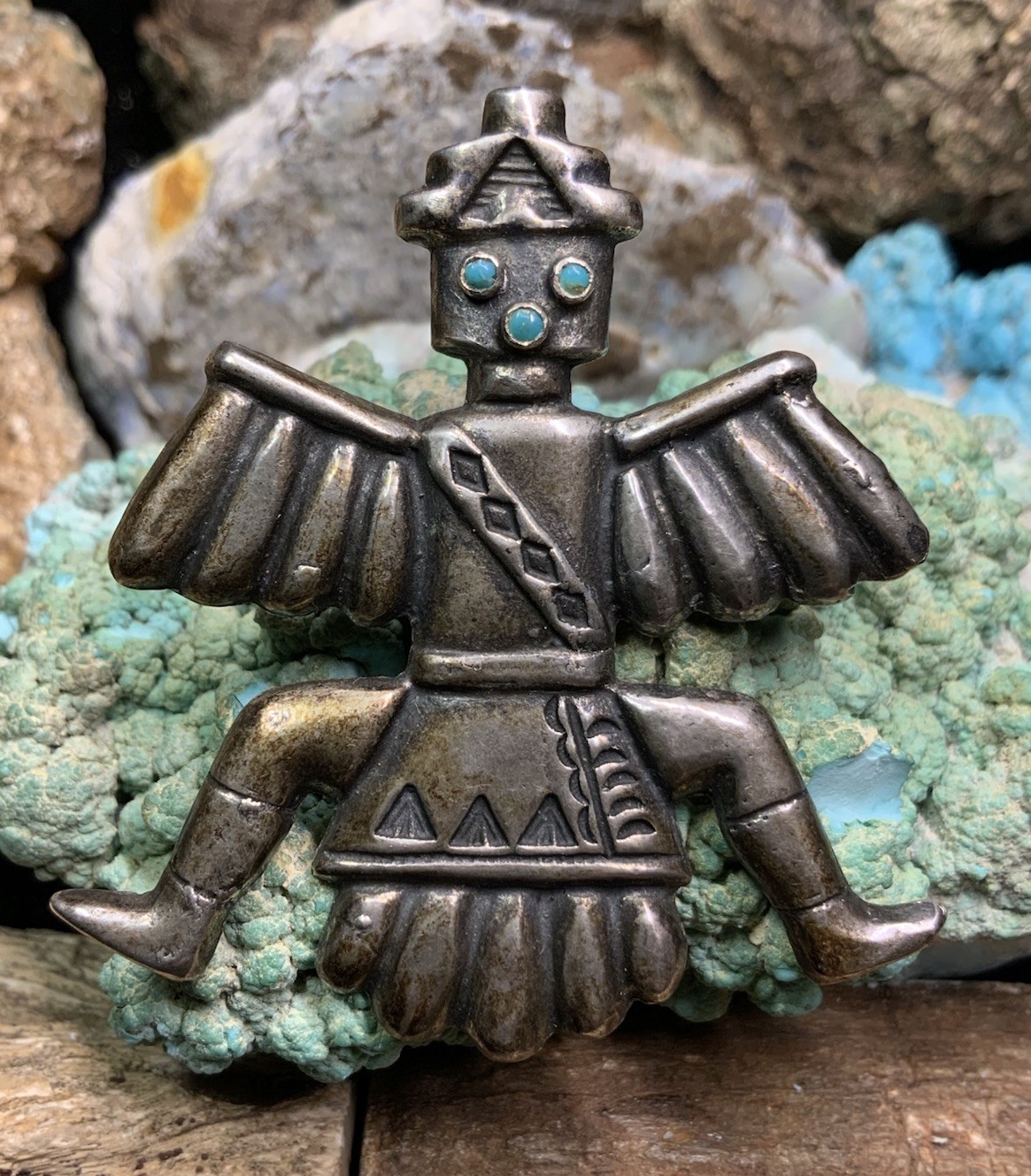 Vintage, 1940’s Native American Sterling Silver & Turquoise Knifewing Pin, 25.0g