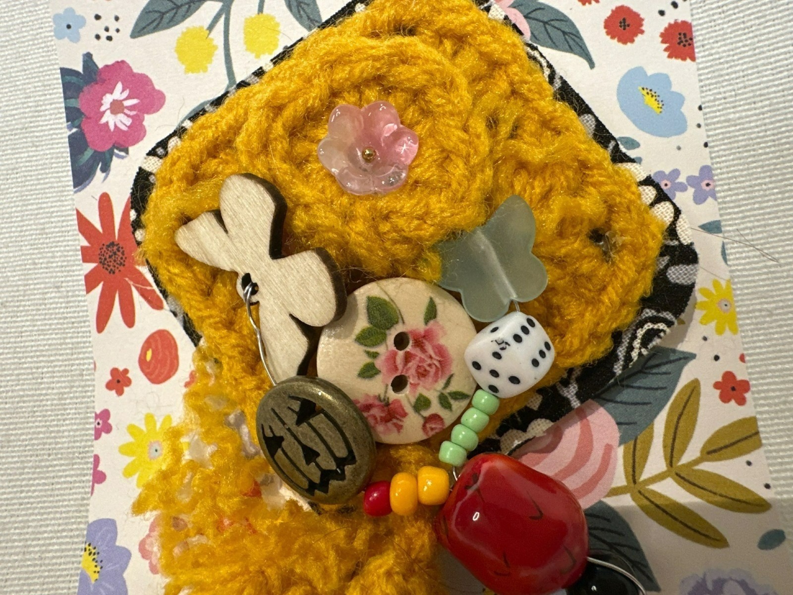 Handmade Brooch OOAK Yellow Crochet Embellished Charm Pin Shabby Chic 5″ Jumbo