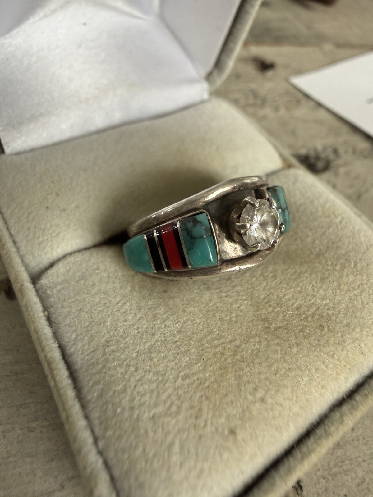 Sterling Silver 925 Turquoise & Rhinestone Southwestern Style Ring Sz 5.75 #3630