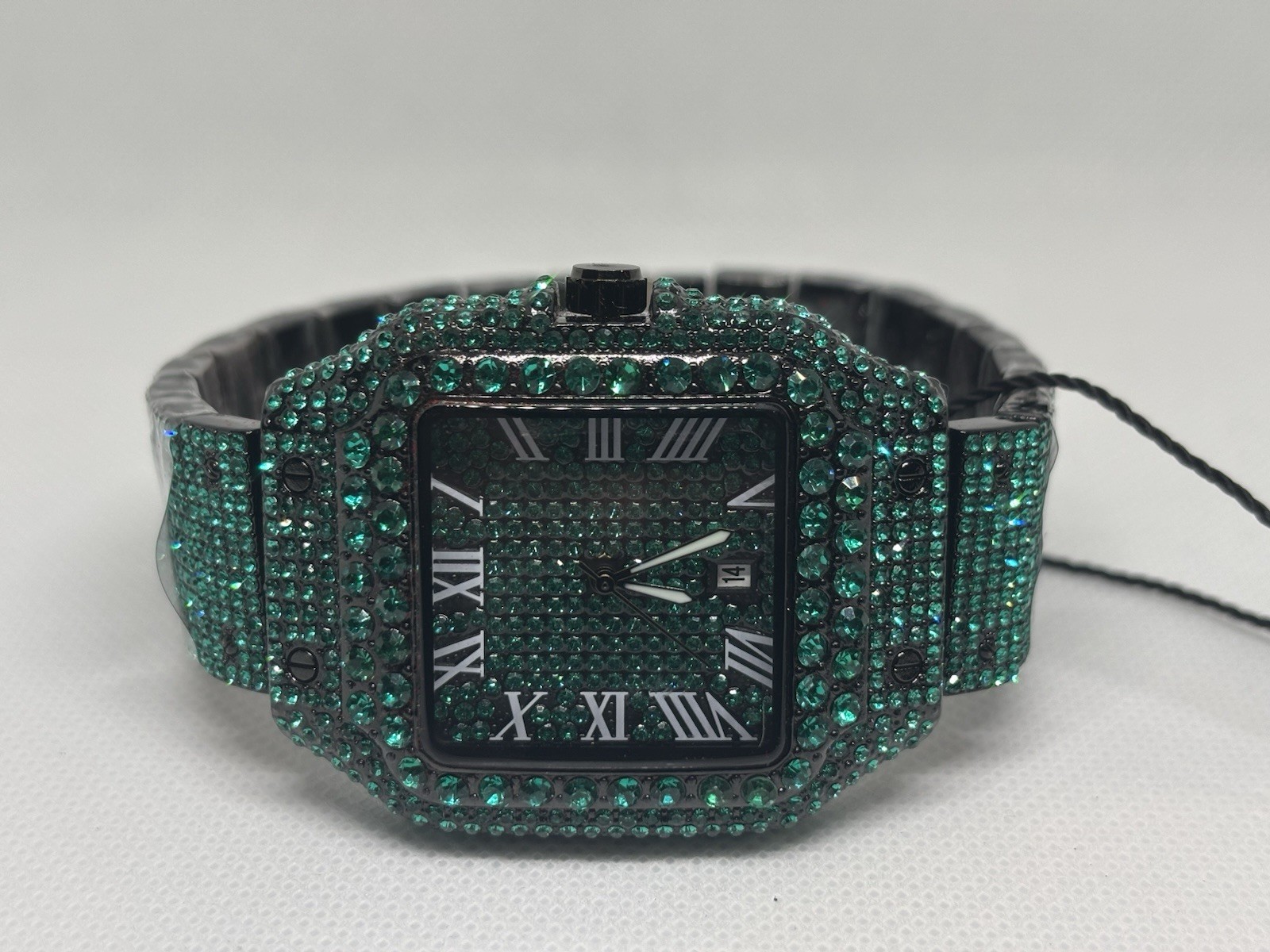 AJ Iced Out Green Crystal Watch Black Stainless Steel Roman Dial New