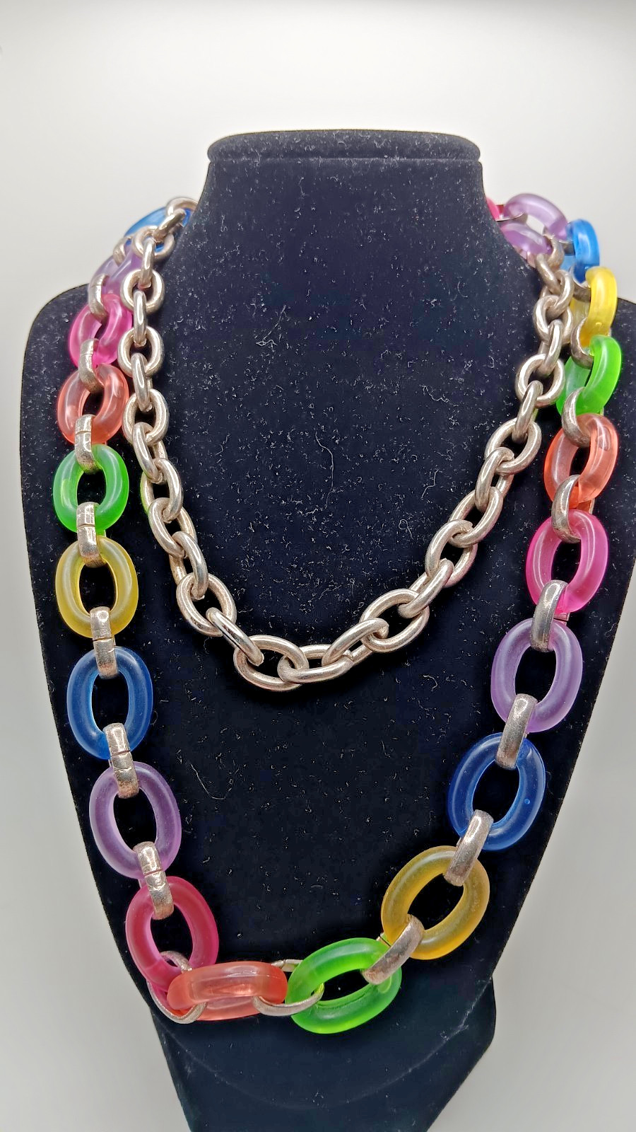 Vintage Necklace Plastic and metal Chain Link Pastel Color Deco Era 39 inches