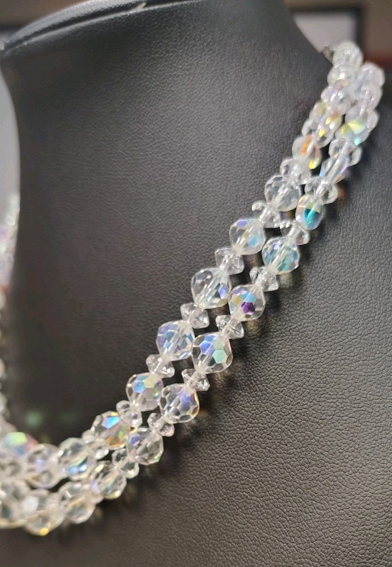Beautiful Vintage Aurora Borealis Double Strand Necklace With Hook Closure 14 In