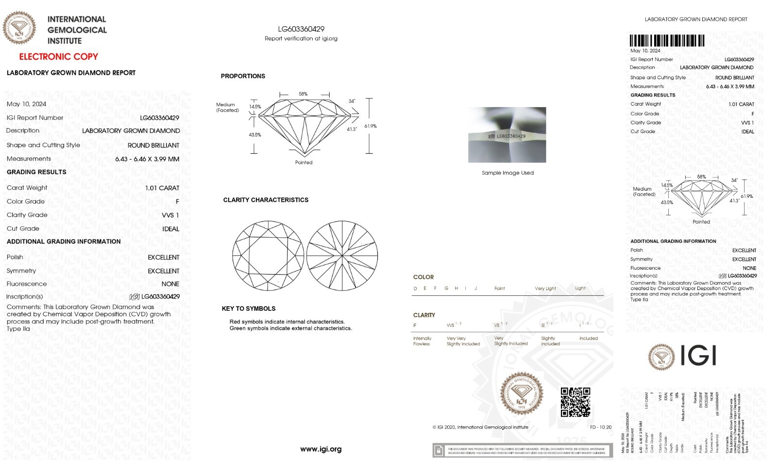 Lab Grown 1.01 Ct ROUND Cut IGI Certified CVD Diamond F Color VS1 Clarity STONE