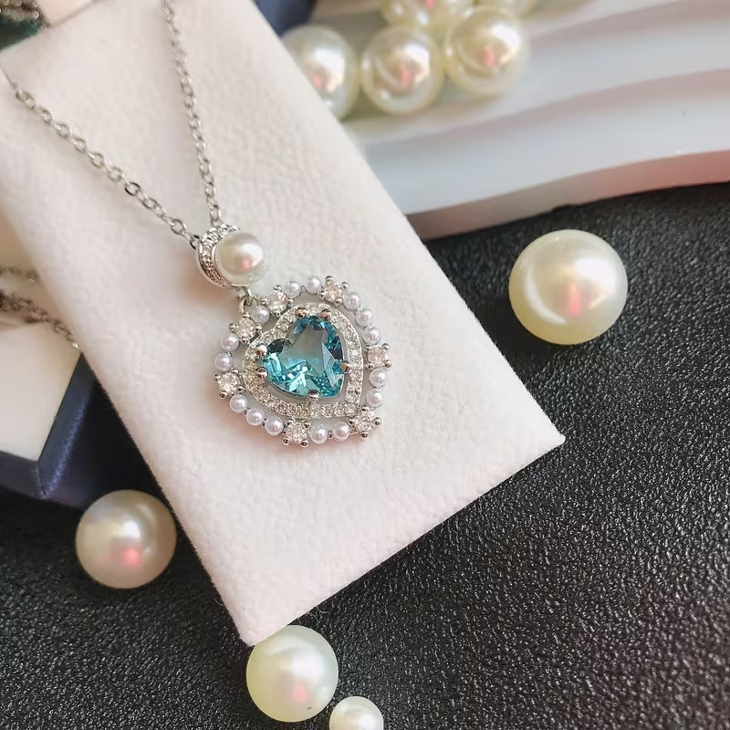 Silvertone Heart Jewelry Set 4 pieces Aquamarine stone