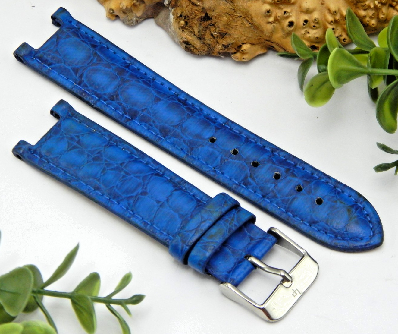 Royal Blue Lucien Piccard Signed Buckle watch band Notched Leather 20mm / 11.8mm