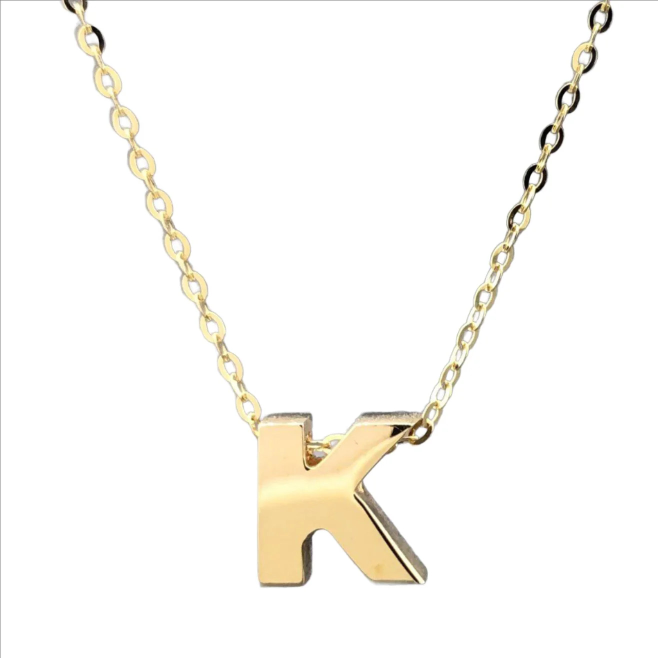 14K Yellow Gold initial ‘K’ pendant on a 16″ chain with a 2″ extender