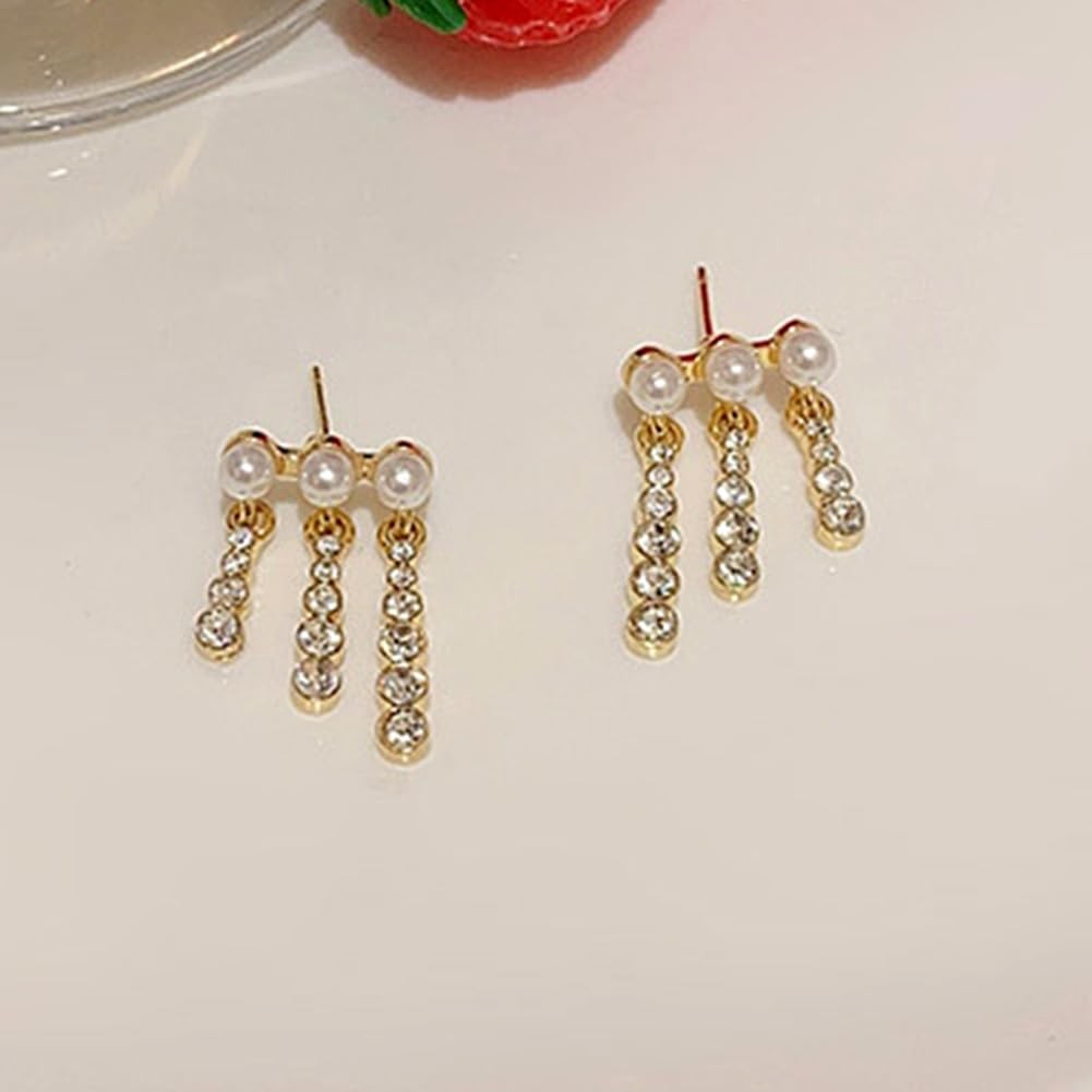 Pearl Crystal Tassel Earrings for Women Trendy Round Pearl Stud Earring Gli – 02