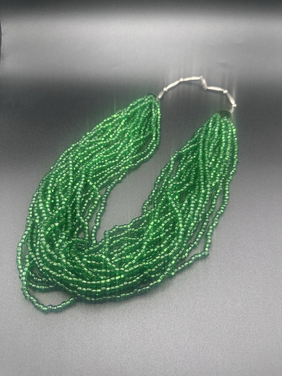 Vintage Southwestern Multi Strand Green Glass Seed Bead Necklace Silver Tone
