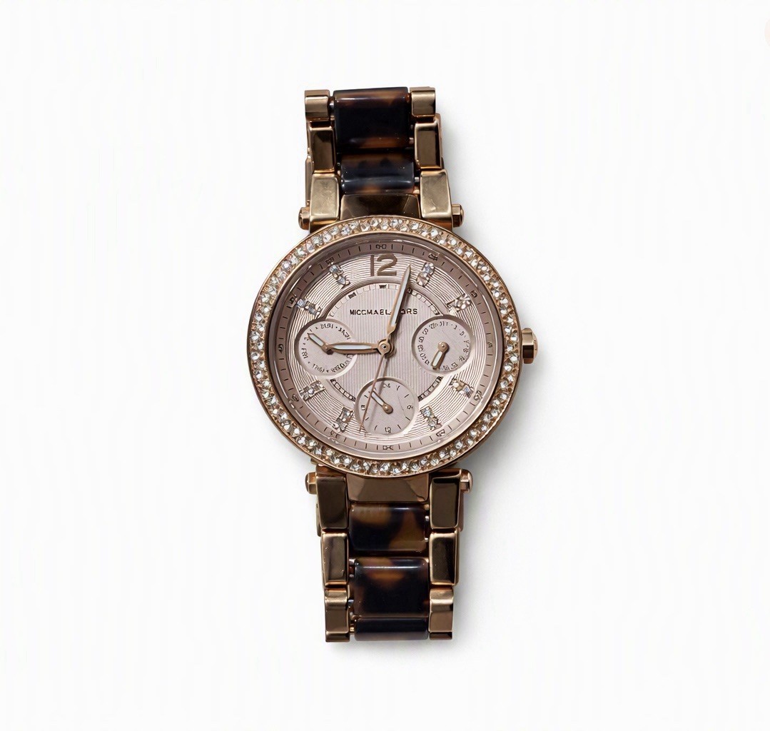 Michael Kors Rose Gold Chronograph Watch with Tortoiseshell Links