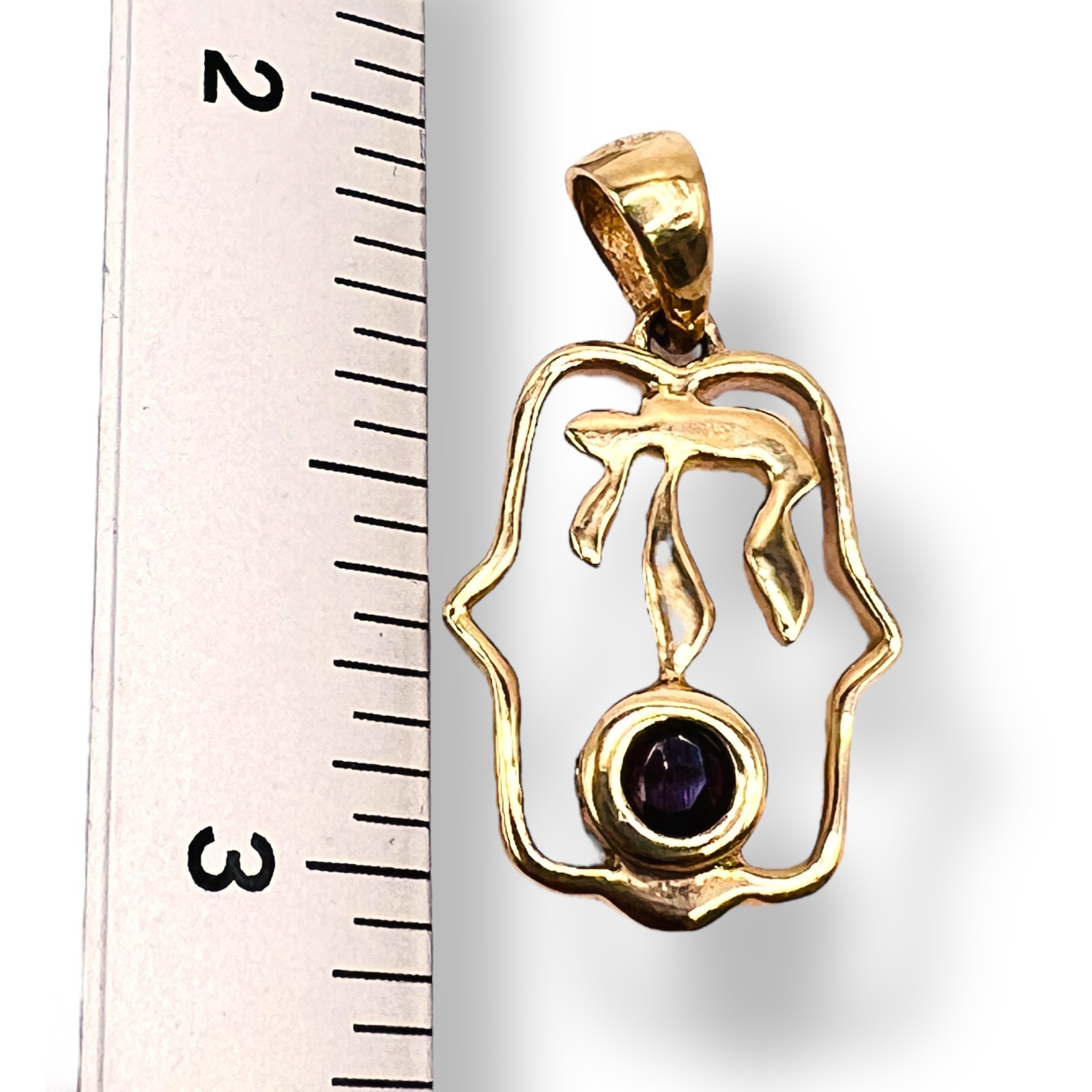 Solid 14k Yellow Gold Ruby Hamsa Chai Pendant Charm 2.68 Grams