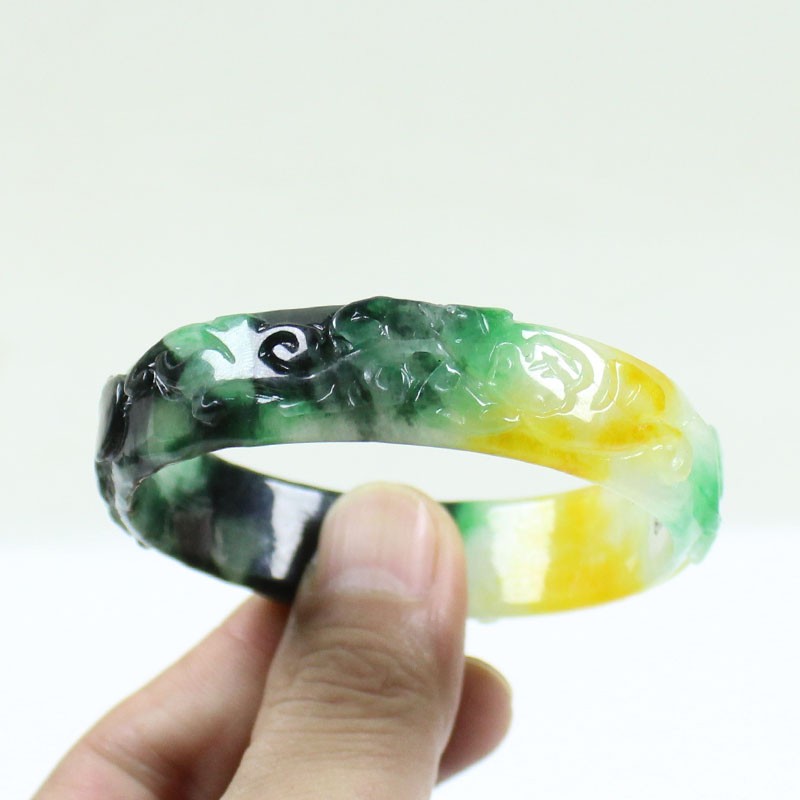 61mm Real Natural Ice Multicolor Burmese Jade jadeite Carving Bracelet Bangle