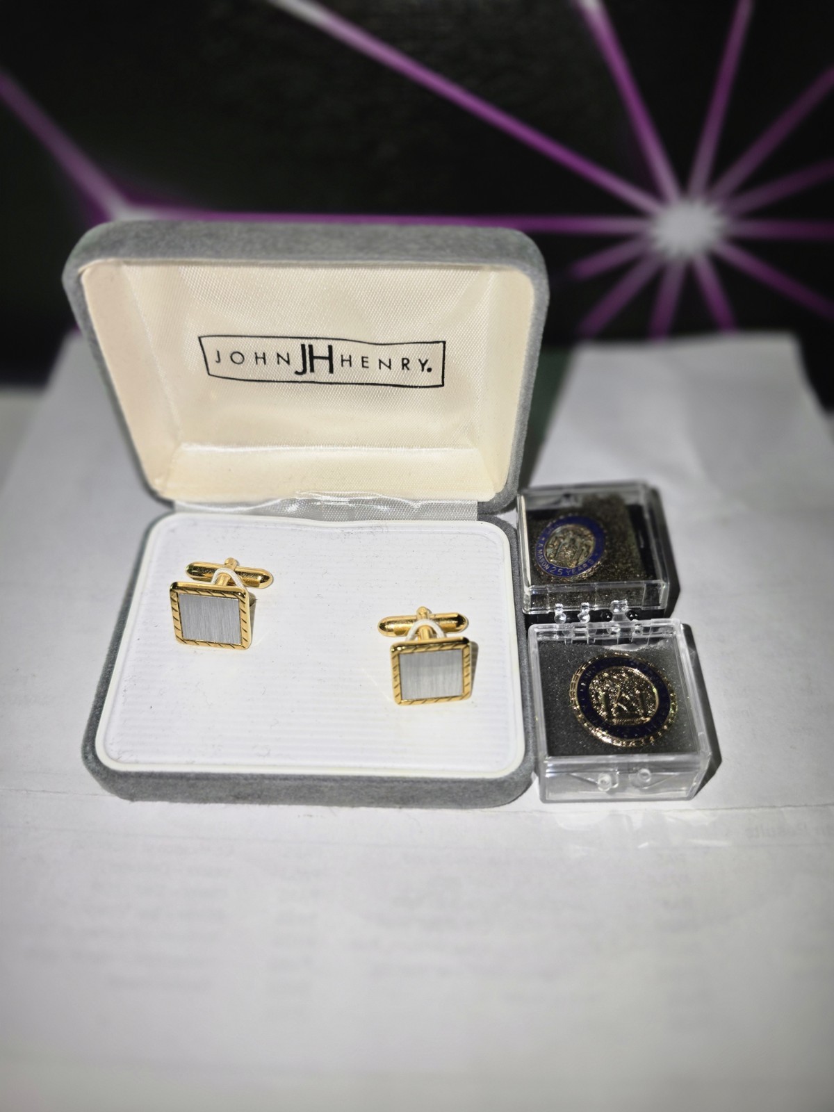 John Henry Square Cufflinks Gold Tone w/ Silver Center Bullet Back Set w/ Case