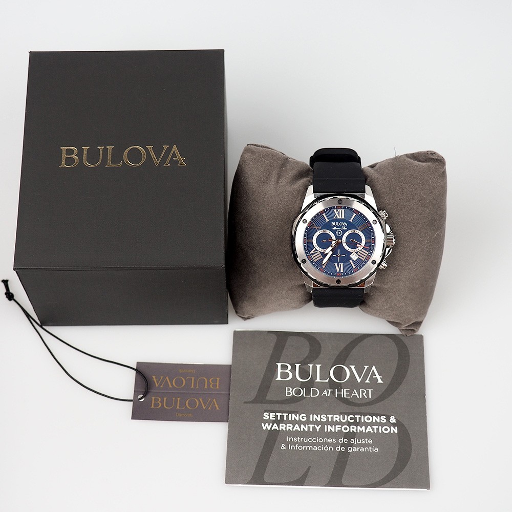 Bulova Marine Star 98B258 Blue Dial Black Rubber Strap Quartz Men’s Watch 44mm