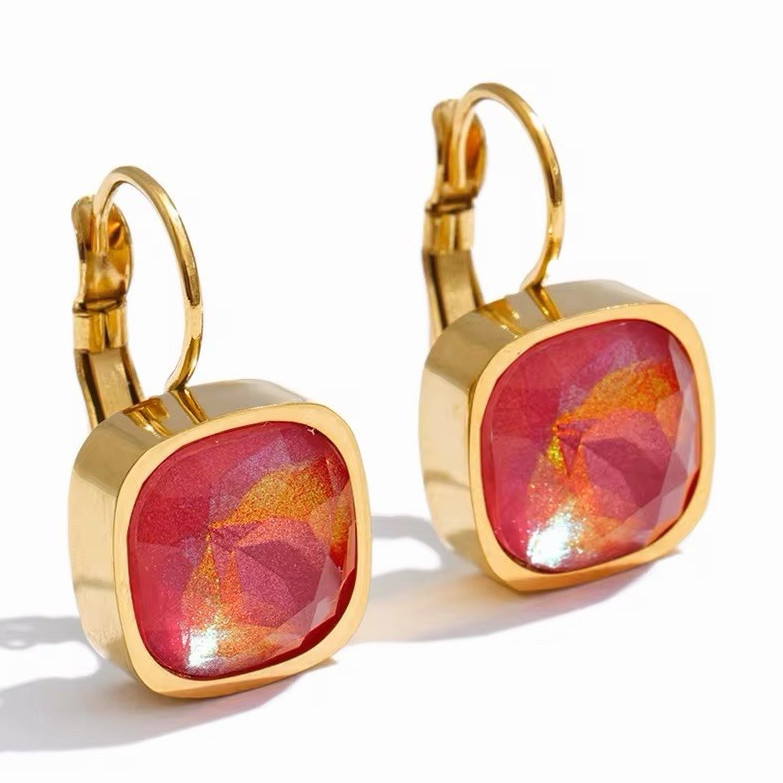 Pink Crystal Leverback Earrings PVD Gold Plated Stainless Steel Jewelry