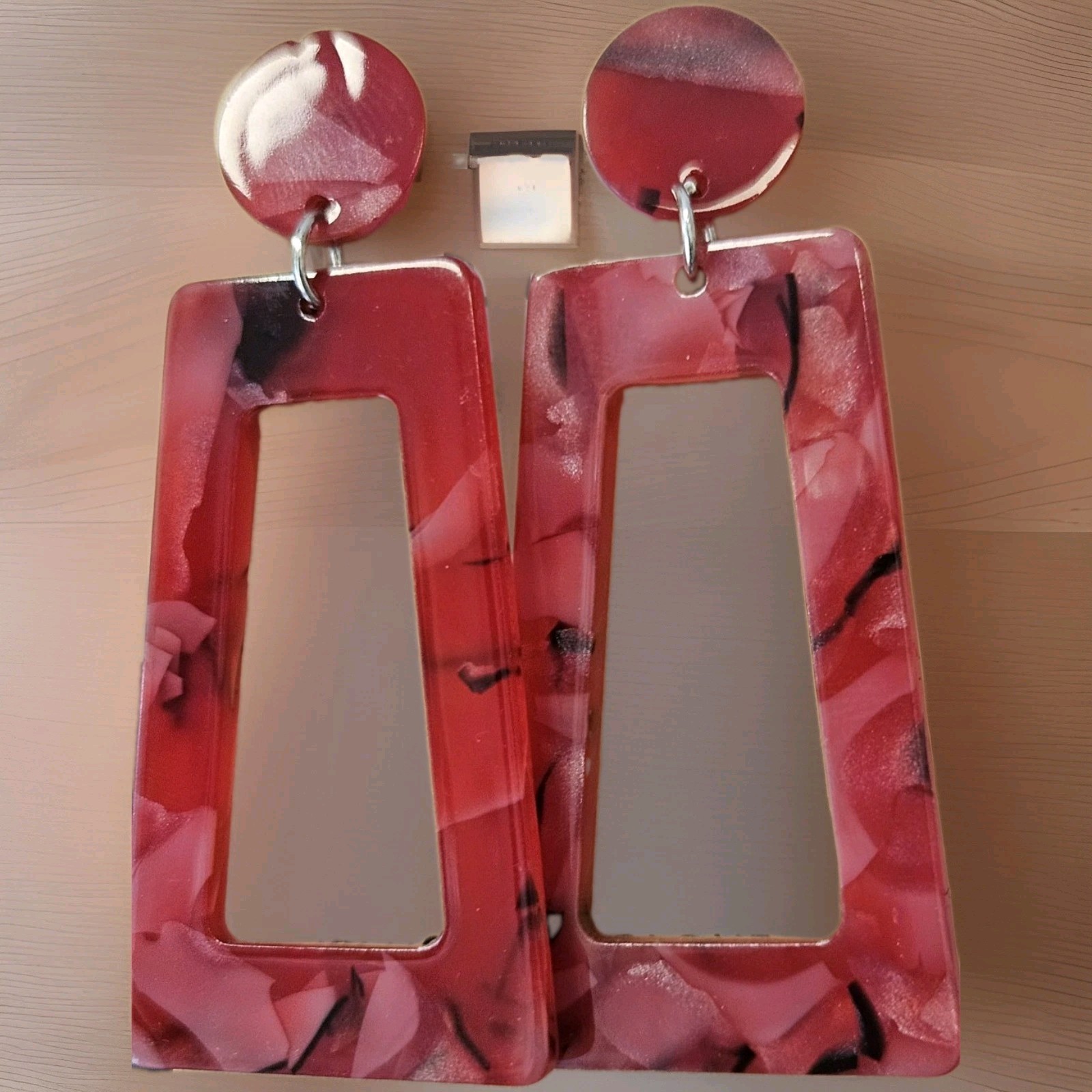 Rectangle Large Drop Earrings Red and Black Pattern Plastic Resin New