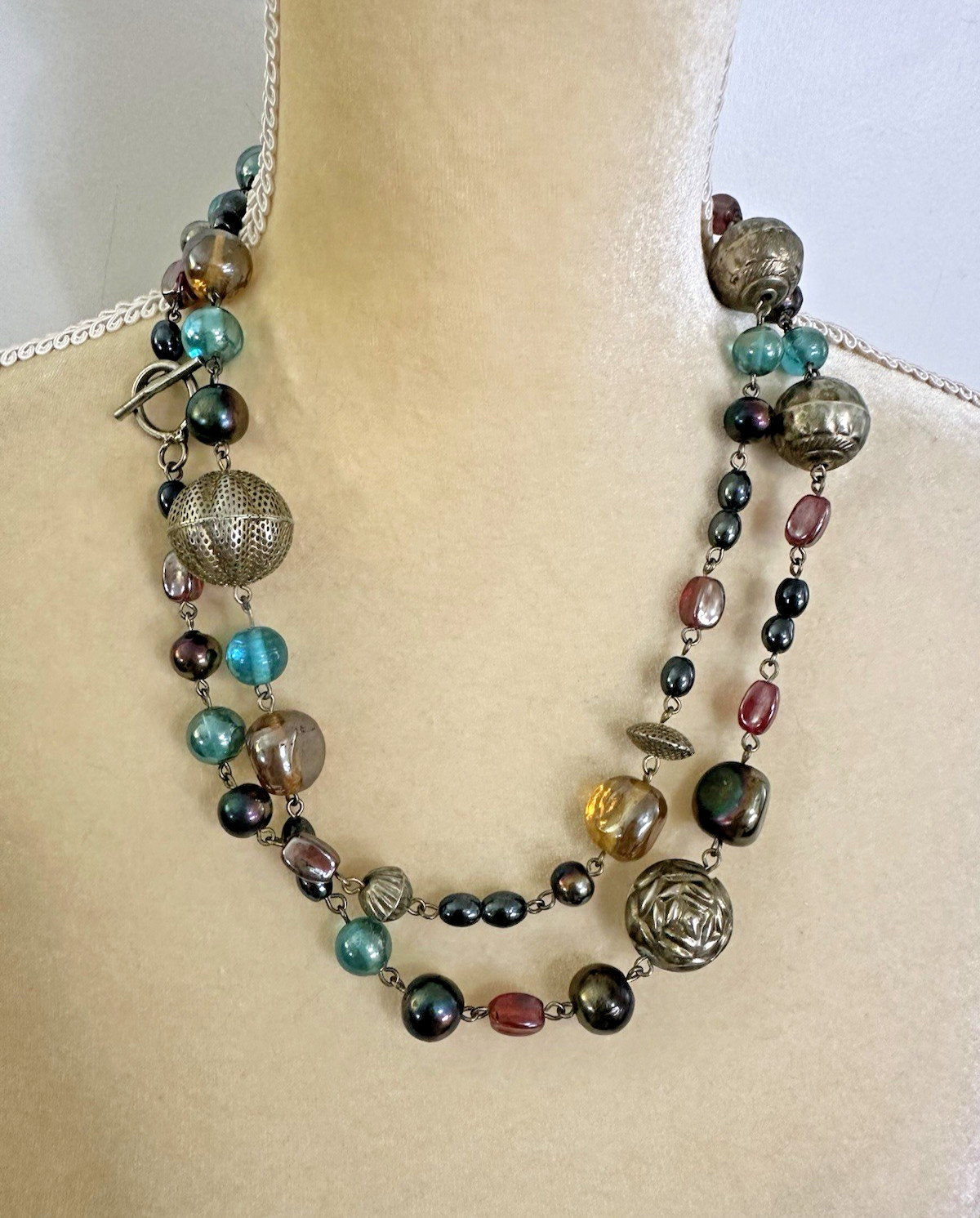 CHICOS Blue Silver Burgundy Beaded Necklace
