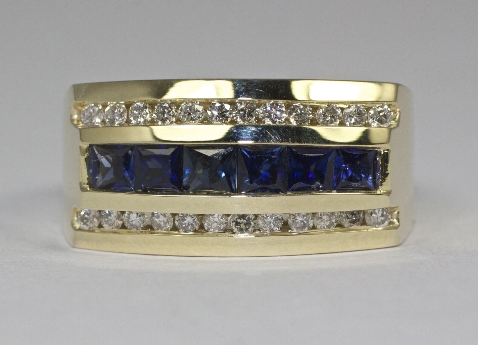 Men’s Wedding Eternity Ring Lab Grown Blue Sapphire & Diamond 14k Yellow Gold