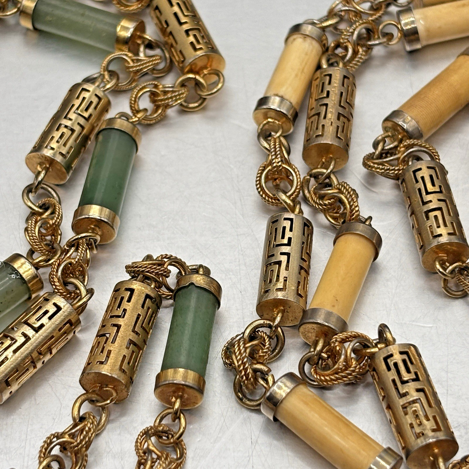 Pair Chinoiserie Style Gold Tone Jade Necklaces Ornate 29” Philippine