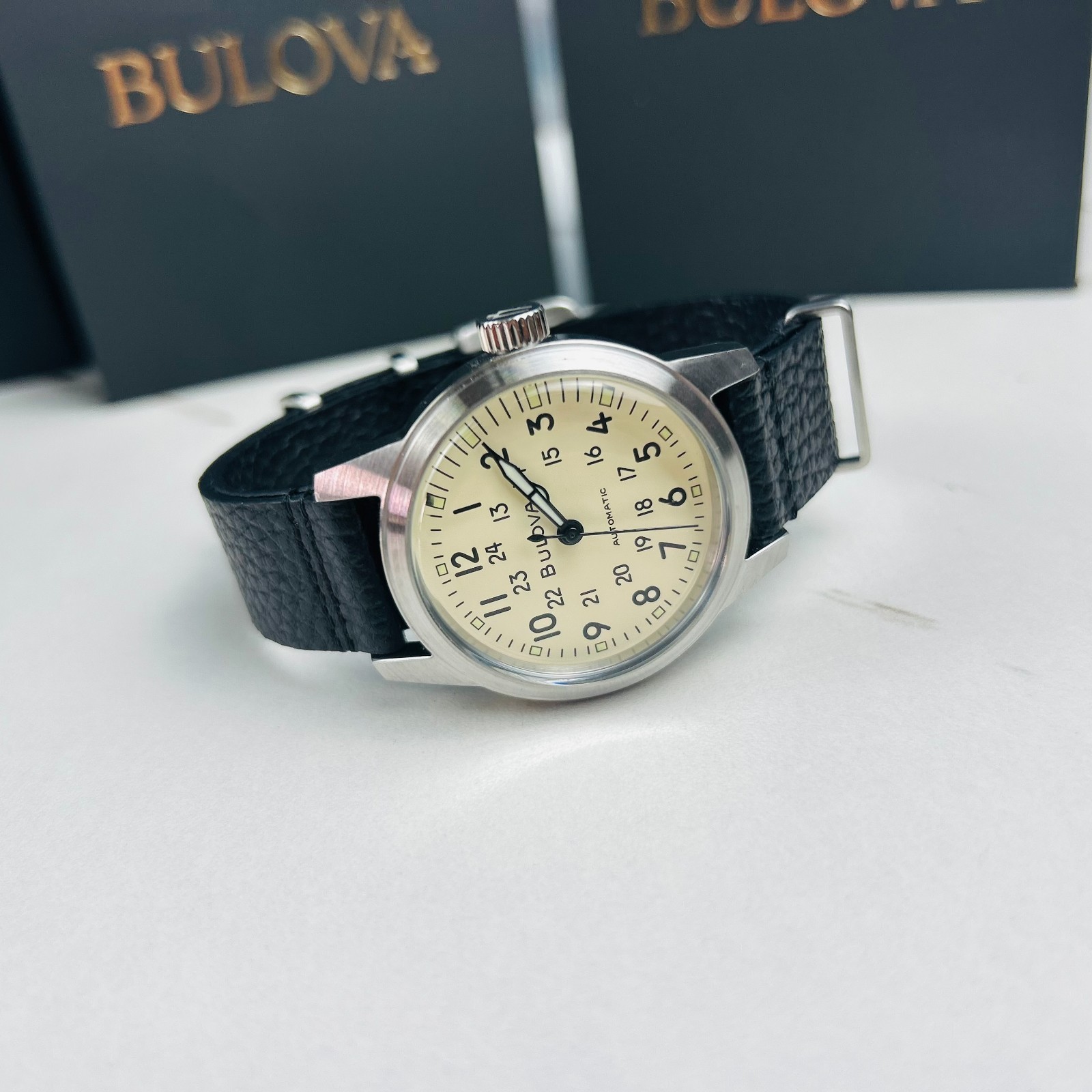 Bulova Men’s Classic Hack Watch 96A246 Ivory Dial Black Leather Automatic Watch