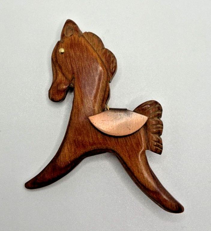 Vintage Pony Horse Brooch Hand Carved Copper Saddle Western Equestrian Pin