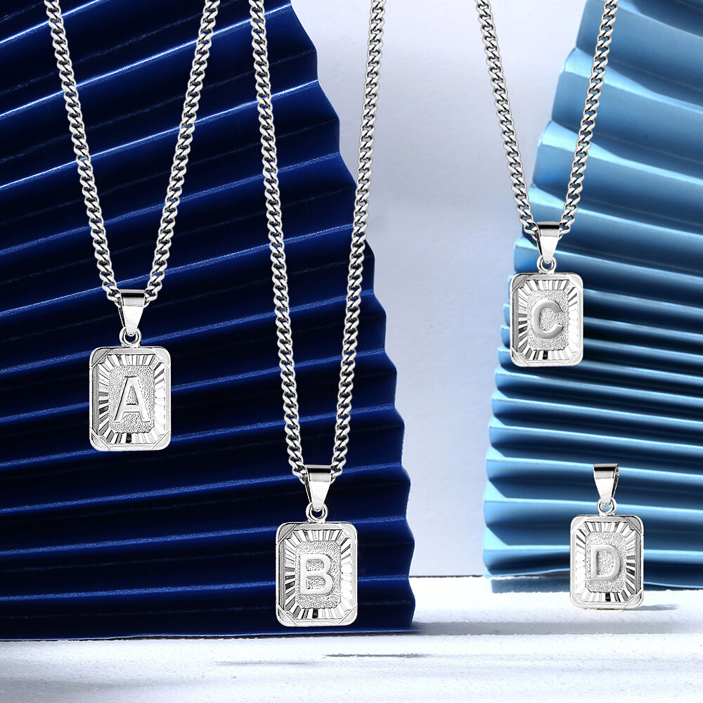 Silver Plated Initial Letter Alphabet Pendant Necklace 3mm Curb Chain 16-22 inch