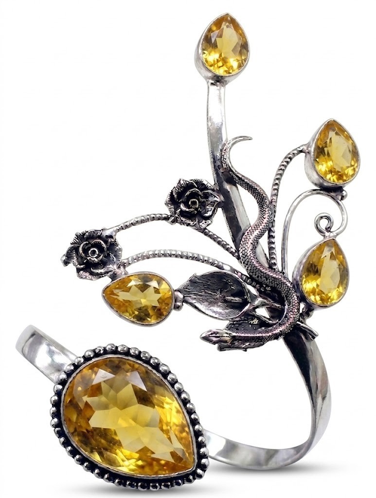 925 Sterling Silver Yellow Citrine Gemstone Jewelry Statement Cuff Bracelet ADJ