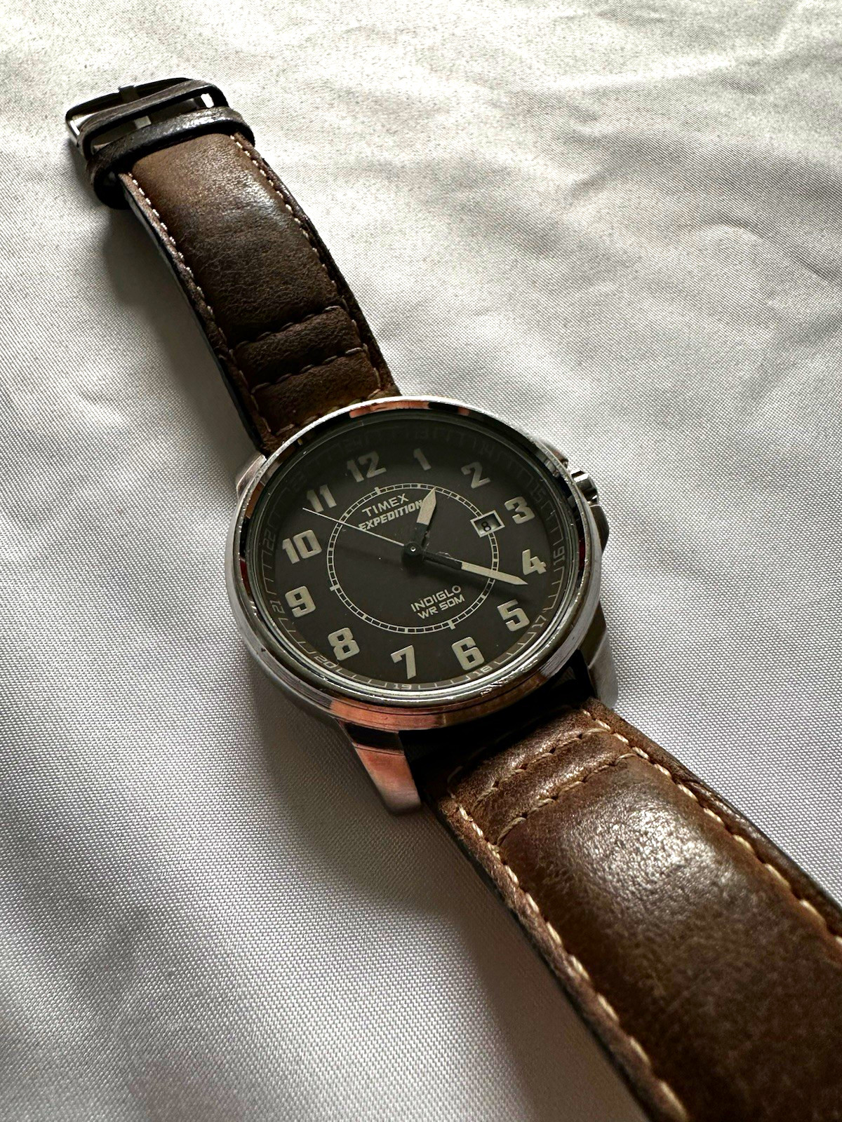 Timex Expedition Quartz Indiglo Black Dial Arabic Brown Leather Strap