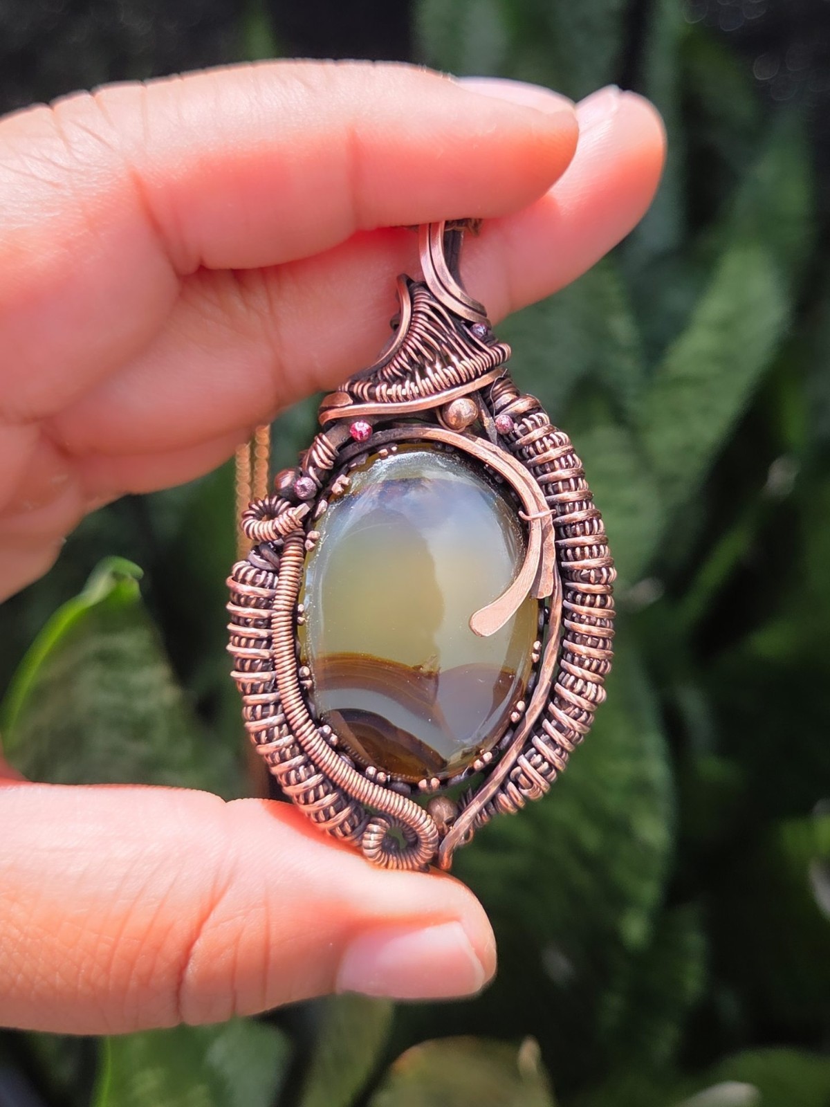 Handcrafted Copper Natural Natural montana Agate Wire Wrapped Pendant